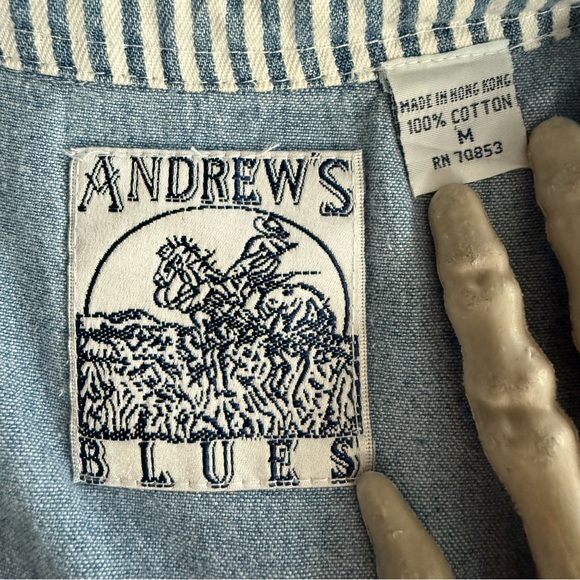 Vintage 80s Striped Denim Sleeveless Button Down Andrews Blues ~ Size M - Picture 8 of 8